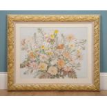 A large floral watercolour on paper by Anne Sauders, signed 'Anne Sauders' lower right, in a gilt