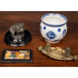 An assortment of miscellaneous pieces comprising of a pietra dura small panel, a brass candleholder,