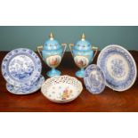 Three Wedgwood Oriental blue and white porcelain plates together with one Copeland blue and white