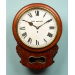 A late 19th or early 20th century mahogany cased drop-dial wall clock with fusee movement, the