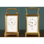 Two brass carriage clocks, one marked Black and Murphy, Paris and Calcutta, 8.5cm wide x 7.5cm