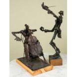 Two musician sculptures, one female cellist on wooden base, 53cm high x 36cm wide and one composer