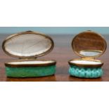 Two enamel patch boxes, one smaller with a mirror lid and turquoise in colour, inscribed 'A trifle