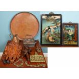 Three Chinese reverse glass pictures together with a large brass tray, a kettle, a copper jug, two