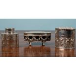 A 19th century silver continental scene box, engraved '1917', 8 x 8cm; one salt cellar, blue glass