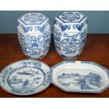 A collection of Chinese blue and white ceramics, comprising of two stools, 32cm (each), a serving