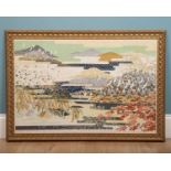 A Japanese silkscreen print, depicting blossom trees, cranes and mountains, gilt framed, 64.5cm high
