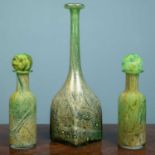 A collection of green Maltese glassware, comprising of one bottle vase, 39cm x 11cm and two