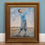 A golfer portrait by Connie Simmers (Scottish b. 1941) signed 'Simmers' lower left, in a gilt frame,