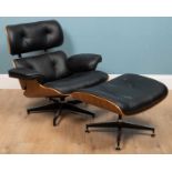An after Eames lounge chair and ottoman, black leather, 87cm w x 82cm d x 84cm h (chair), 40cm h x