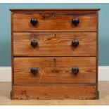 A chest of drawers, pitch pine, with ebonised drawer handles and three graduated drawers, 75cm w x