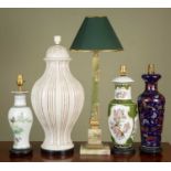 Five assorted lamps, comprising of one large white ceramic lampbase, 56cm h, one tall green