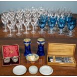 A collection of Stuart Ariel glassware and other miscellaneous objects, comprising of nine blue