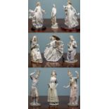 A group of nine Lladro figurines to include two Thai dancers; two ladies seated doing needlework;
