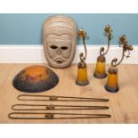 An assortment of items comprising of one wooden tribal mask, lampshades and gilt ornate (finish)Used