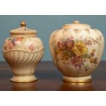 Two Royal Worcester blush ivory vases, one with a changeable lid, marked 'Ra.No.112589' '1312', gilt