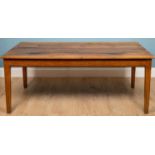 An oak rectangular kitchen table with square tapering legs, 182cm long x 89cm wide x 72.5cm