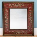 A large floral mirror, deep red, painted wood, 82 x 72cmGood used condition.