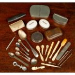 A group of 8 snuff boxes and various snuff spoons, including a silver snuff box, and some silver
