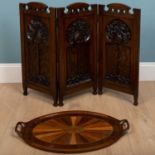 A large specimen wood tray, veneered woods, handled, 46cm h x 72cm w, together with an oak