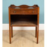 A mahogany bedside cupboard with galleried top, single drawer and open recess, on plain legs, 56.5cm