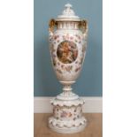 A large continental porcelain vase and cover with gilt ornament around printed classical scenes