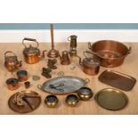 A quantity of metalware to include a copper jam pan, a minors lamp, two old shell cases, copper