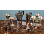 An assortment of silver plated ware comprising of a teapot, one smaller Mappin and Webb teapot,