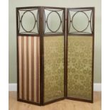 A three fold screen, oak frame, with floral and striped screen material, 157.5cm w x 178cm hUsed
