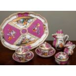 A continental porcelain puce duet tea set with cups, saucers and covers, coffee pot, milk jug and