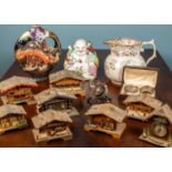 An assortment of seven Swiss made musical wooden boxes, together with one Swiss made wooden clock,
