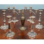 An assortment of candelabras, silver plated, (7) Used condition.