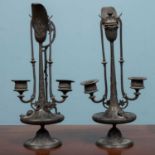 A pair of 19th century French bronze twin branch candlesticks, 33cm (each) (2)Used condition.