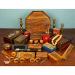A collection of miscellaneous bijouterie to include old money boxes, a gun metal pestle and