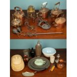 An assortment of miscellaneous items to include five copper teapots, two pewter plates, one pewter