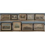 An assortment of nine framed landscape prints, depicting scenes in the UK, varying sizes