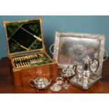 An antique oak cased canteen of silver plated cutlery; together with further silver plated items