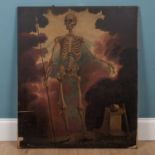 A print mounted on canvas depicting a skeleton