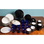 A collection of Denby stoneware; together with a group of eleven blue wine glasses