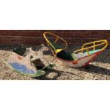 A vintage painted wood rocking horse and a vintage painted metal rocking boat