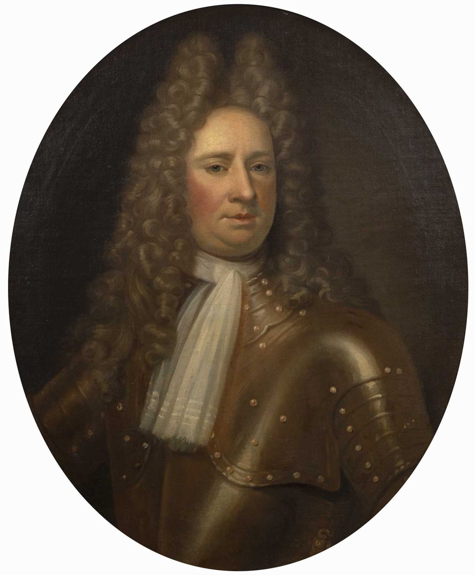 After Godfrey Kneller (1646-1723) Oval portrait of a nobleman wearing armour and a lace neckerchief,