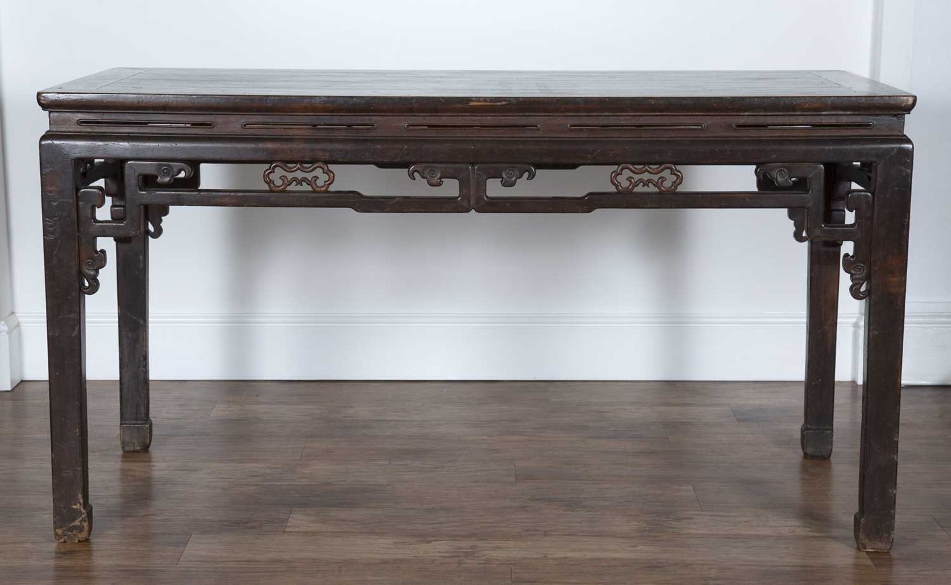 Stained hardwood altar table Chinese, early 20th Century carved in the Ming style with ruyi to the - Image 3 of 4
