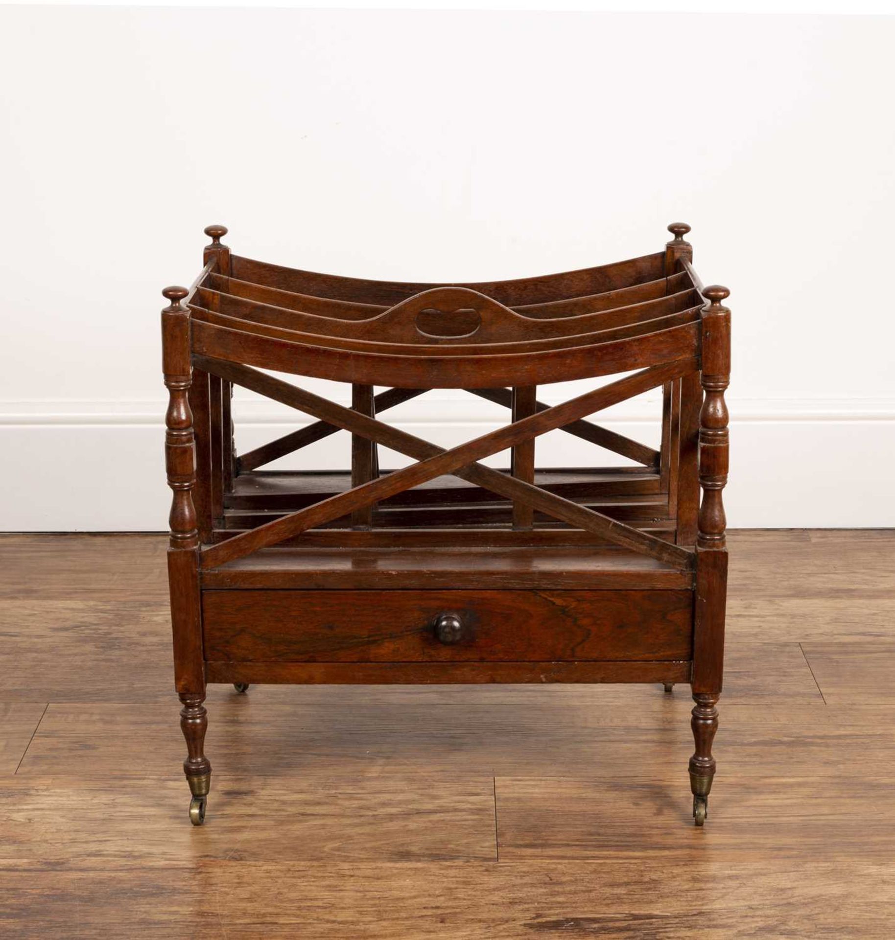 Pale rosewood music Canterbury 19th Century, fitted drawer on brass castors, 49cm wide, 35cm deep, - Image 2 of 4