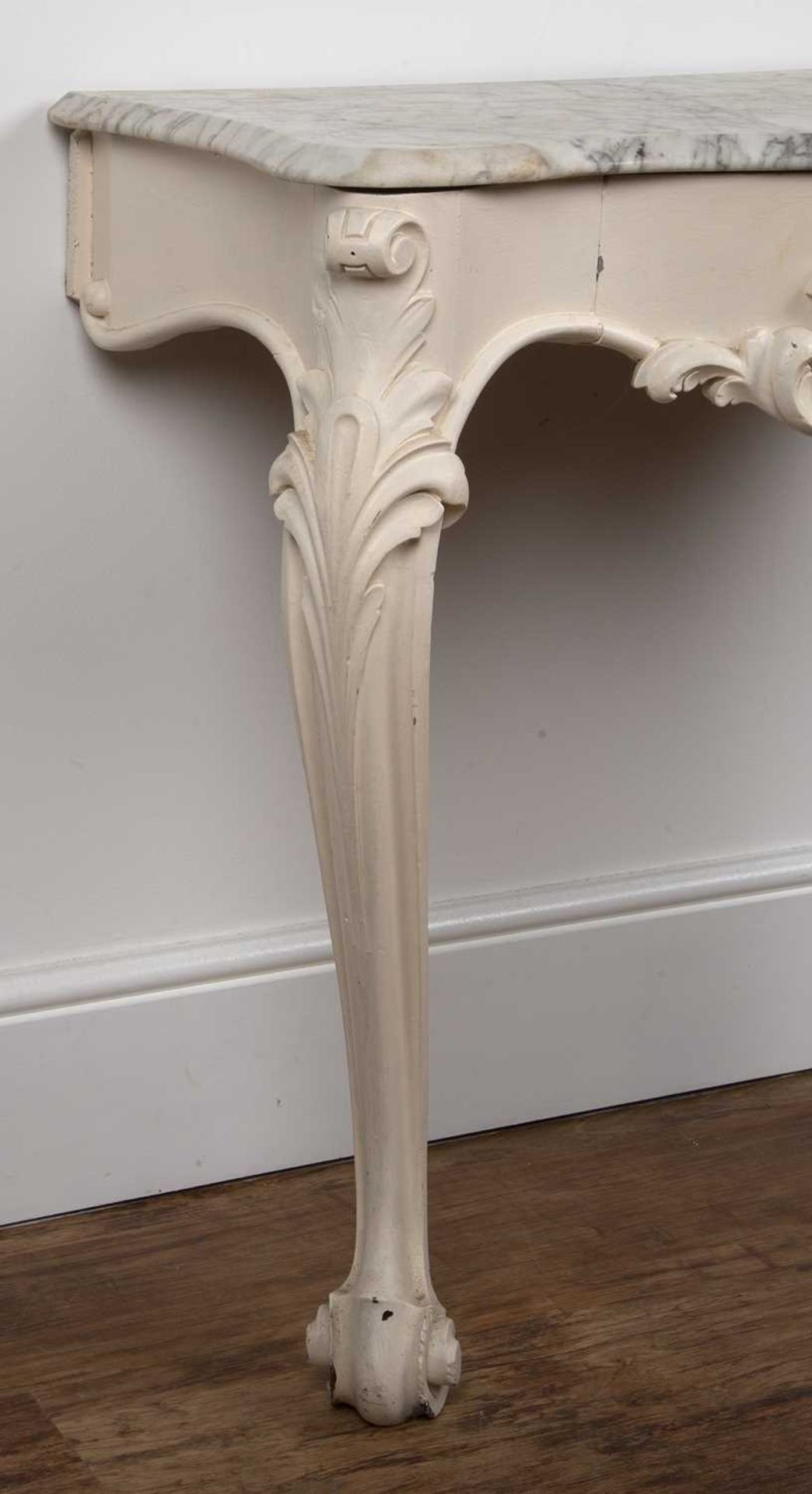 White painted and marble top console table with central fitted drawer on shaped supports, 74cm - Image 3 of 4