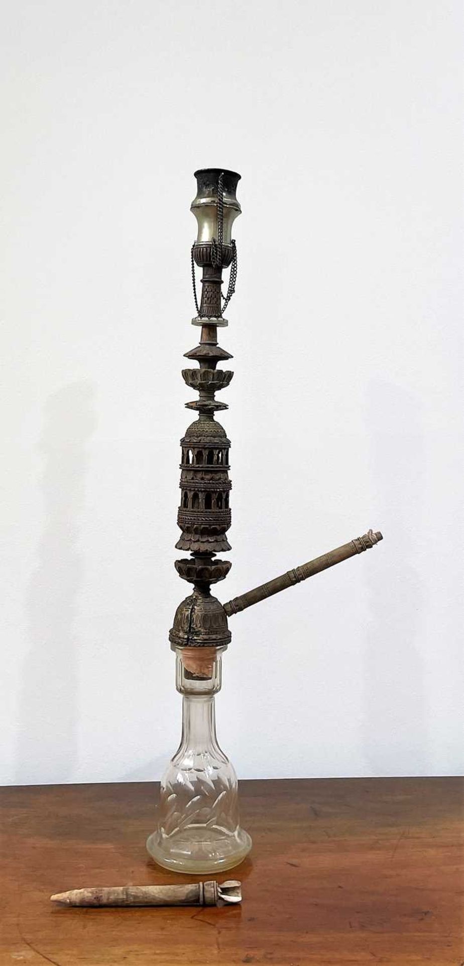 Large Hookah Turkish or Syrian, with a cut glass reservoir to the base and sectional carved wood