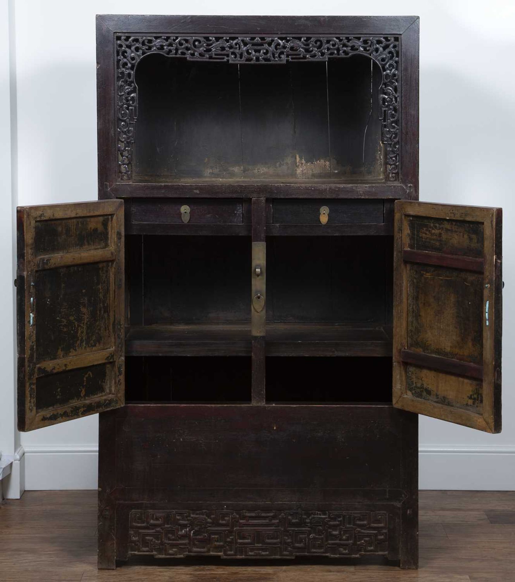 Stained wood cupboard Chinese, early 20th Century, with open top with carved surround and with - Image 5 of 7