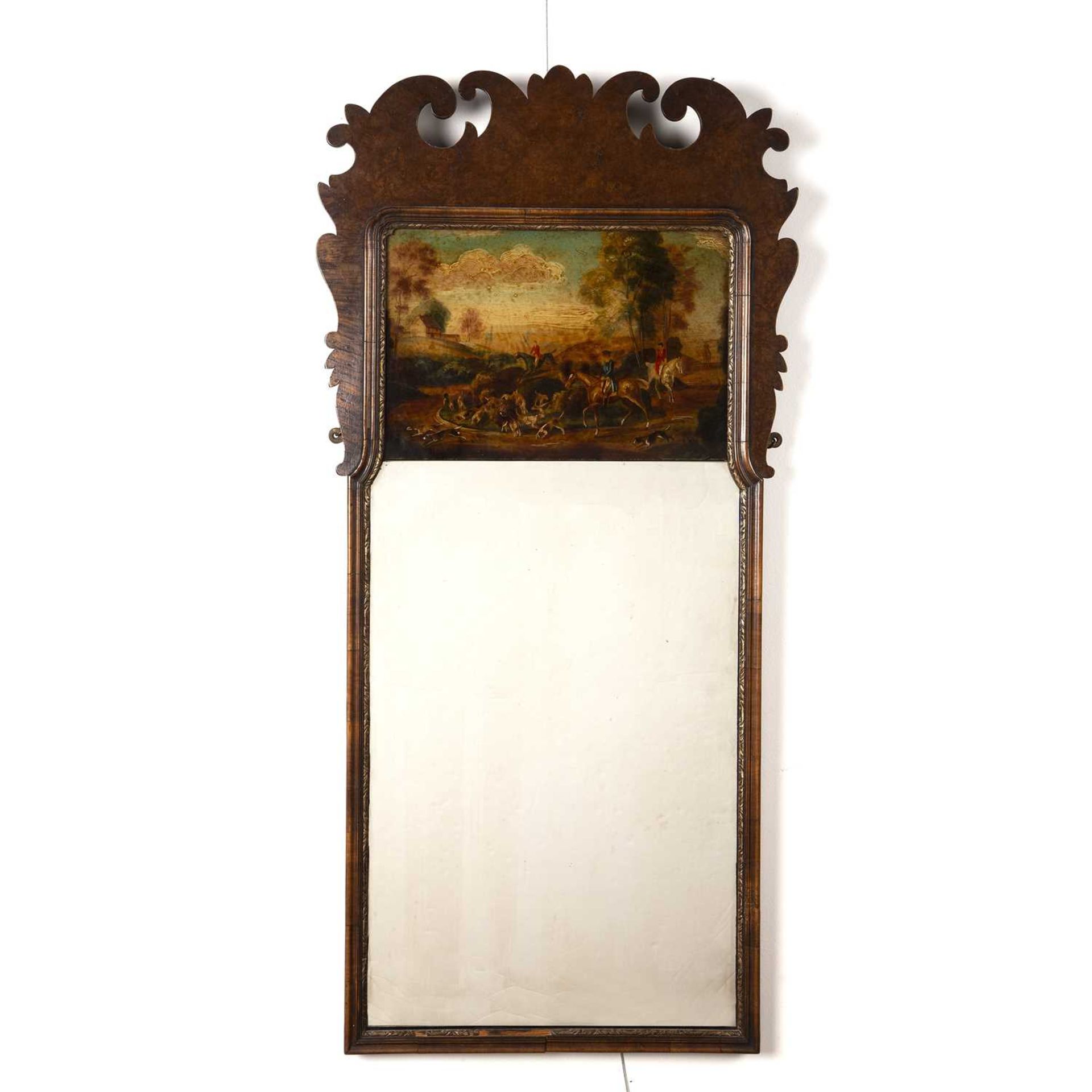 Walnut fret wall mirror 18th Century style, inset with a painted hunting scene, 99.5cm x 48cmSmall