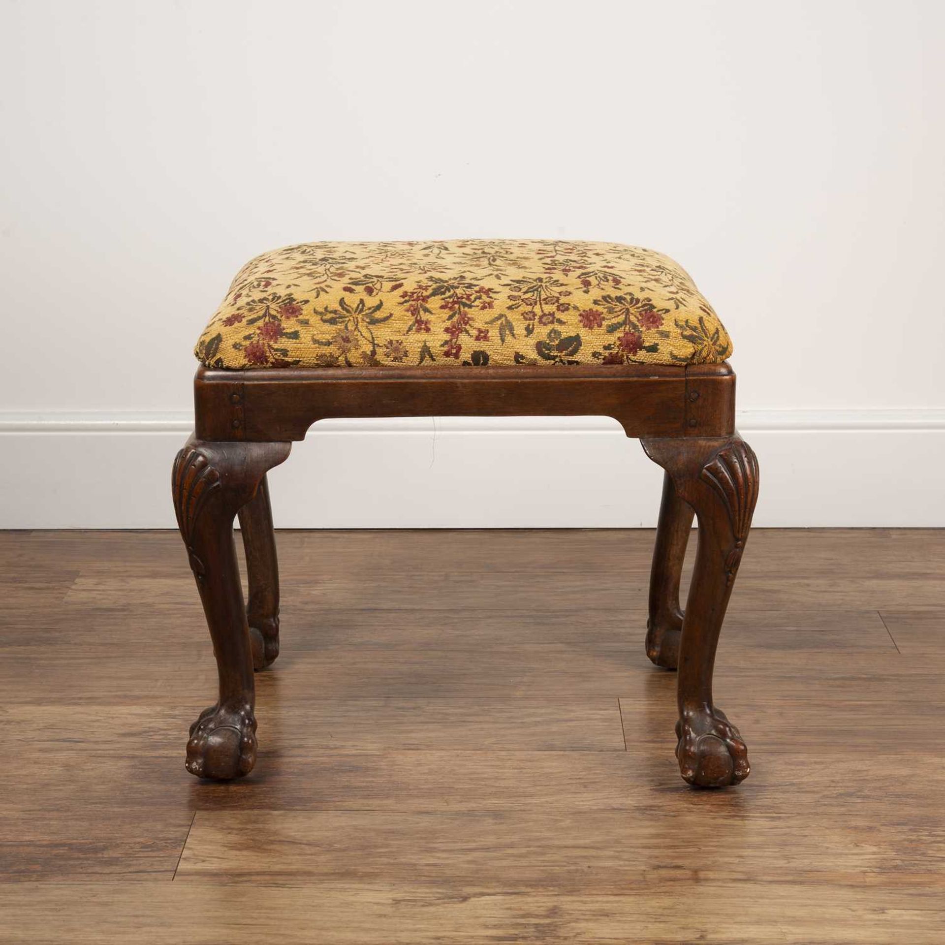Mahogany stool 19th Century, in the Georgian style, on ball and claw feet, with yellow and floral - Image 2 of 3