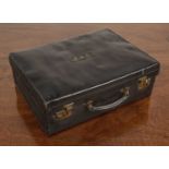 Leather vanity case 1920/30's with fitted interior and three etched glass and silver mounted scent