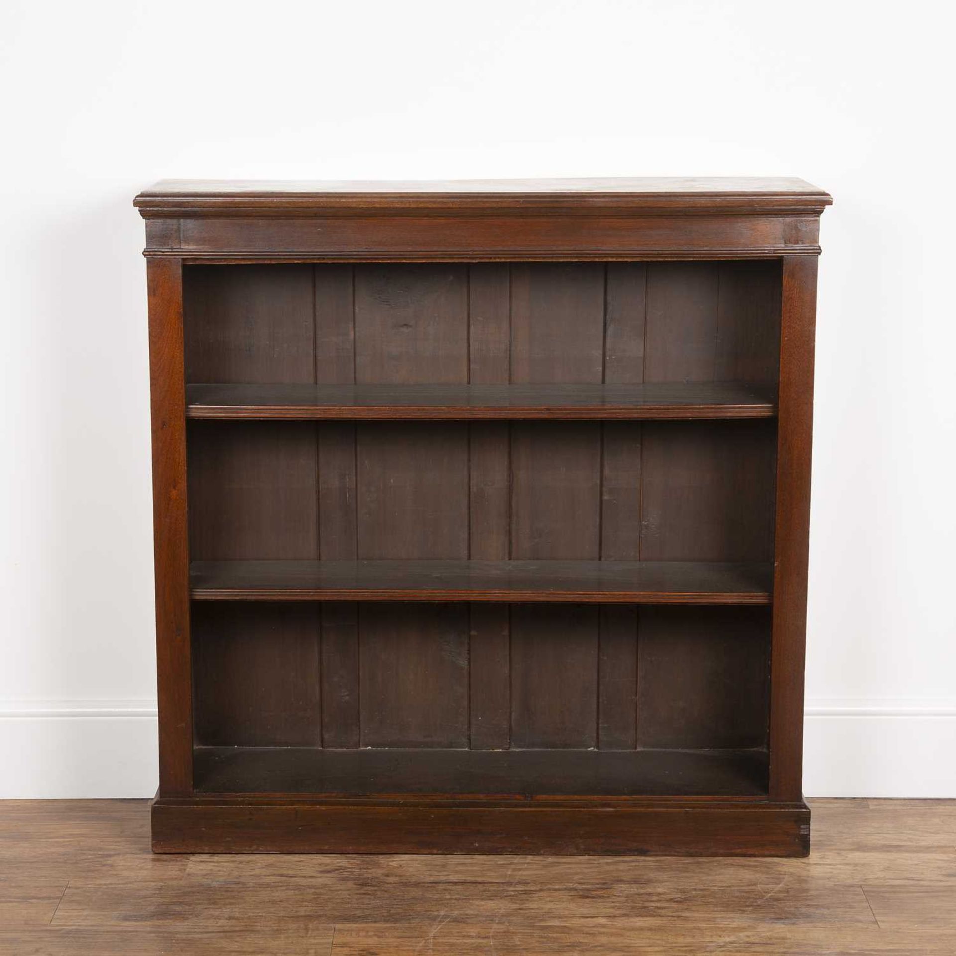 Mahogany open front bookcase circa 1900, fitted two adjustable shelves with plain plinth, 105cm wide
